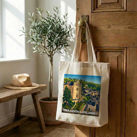 Tote bag souvenir de la ville de Terrasson-Lavilledieu avec une illustration stylisée.