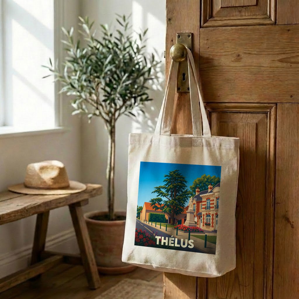 Tote bag souvenir de la ville de Thélus avec une illustration stylisée.