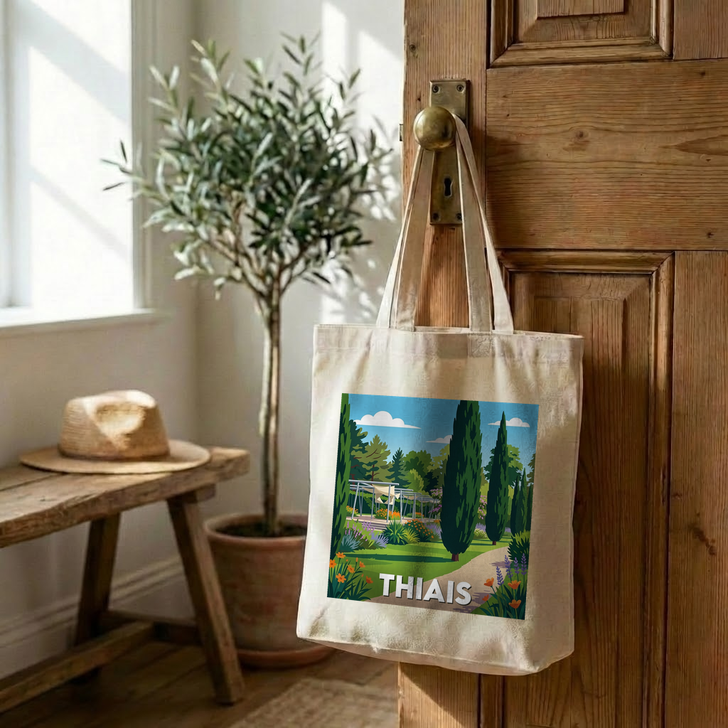 Tote bag souvenir de la ville de Thiais avec une illustration stylisée d'un parc.
