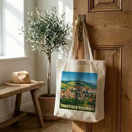 Tote bag souvenir de la ville de Thizy-les-Bourgs avec une illustration stylisée.