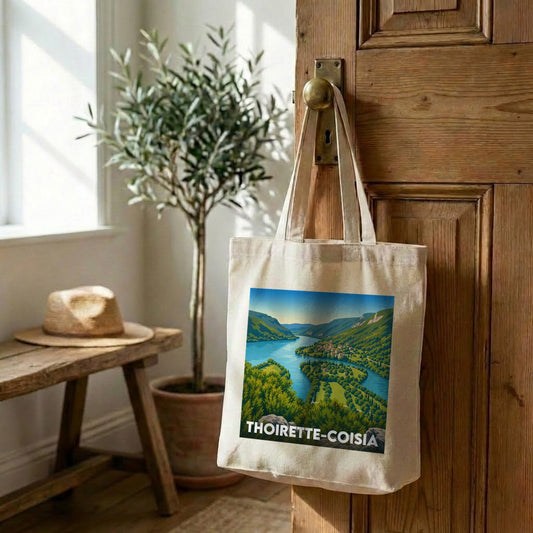 Tote bag souvenir de la ville de Thoirette-Coisia avec une illustration stylisée.