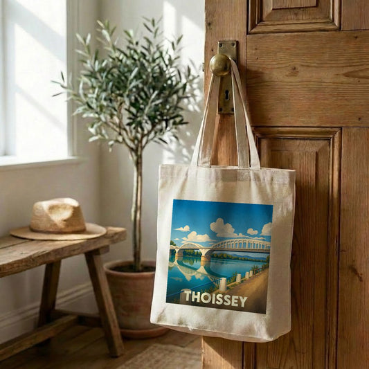 Tote bag souvenir de la ville de Thoissey avec une illustration stylisée d'un pont.