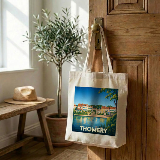 Tote bag souvenir de la ville de Thomery avec une illustration stylisée.