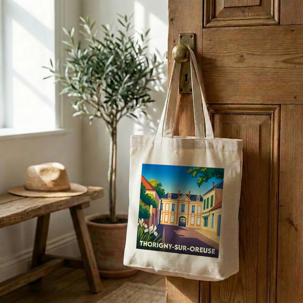 Tote bag souvenir de la ville de Thorigny-sur-Oreuse avec une illustration stylisée.