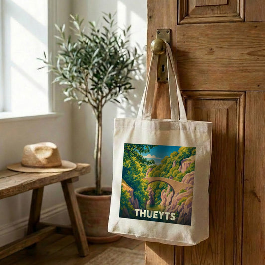 Tote bag souvenir de la ville de Thueyts avec une illustration stylisée d'un pont en pierre dans un paysage montagneux.