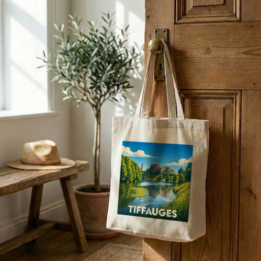 Tote bag souvenir de la ville de Tiffauges avec une illustration stylisée.