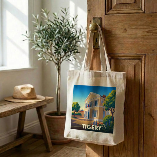 Tote bag souvenir de la ville de Tigery avec une illustration stylisée d'un bâtiment emblématique.