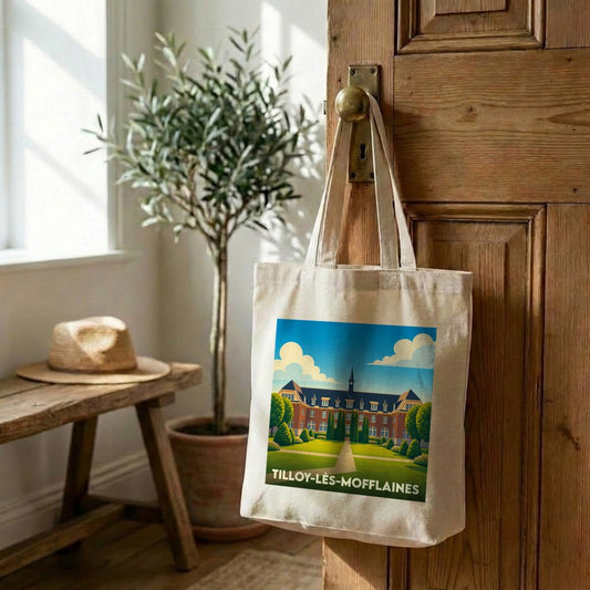 Tote bag souvenir de la ville de Tilloy-lès-Mofflaines avec une illustration stylisée.
