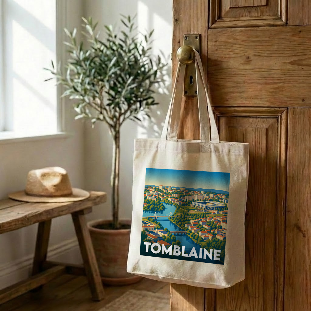 Tote bag souvenir de la ville de Tomblaine avec une illustration stylisée d'un paysage urbain.