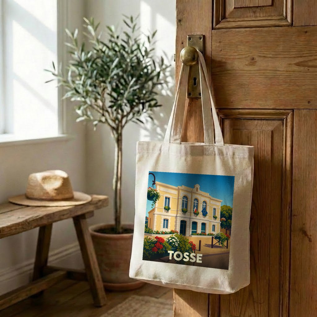 Tote bag souvenir de la ville de Tosse avec une illustration stylisée.