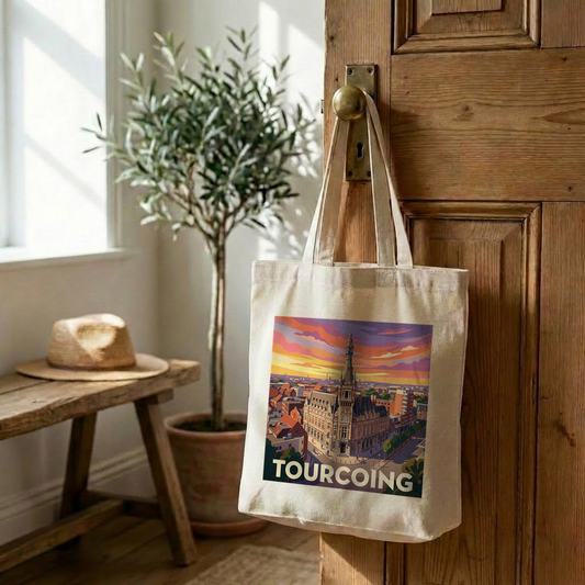 Tote bag souvenir de la ville de Tourcoing avec une illustration stylisée.