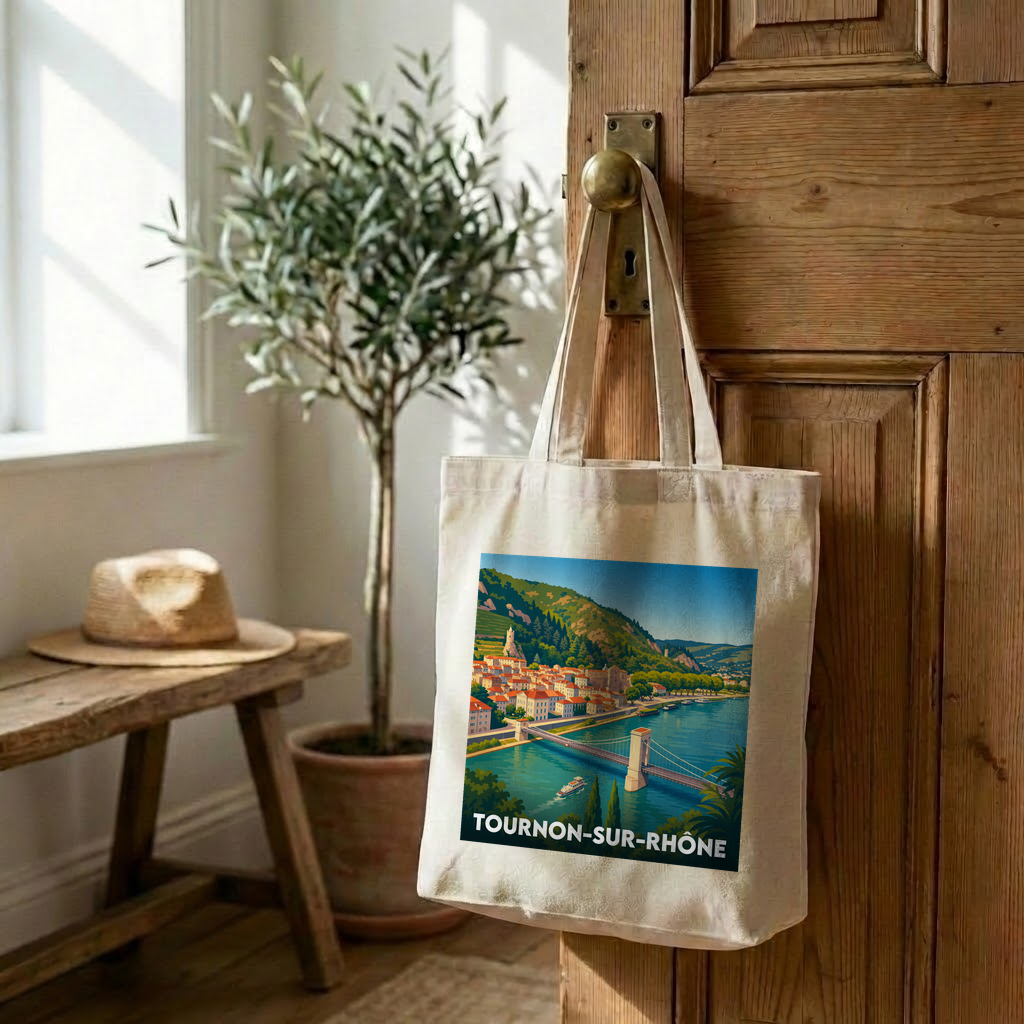Tote bag souvenir de la ville de Tournon-sur-Rhône avec une illustration stylisée.