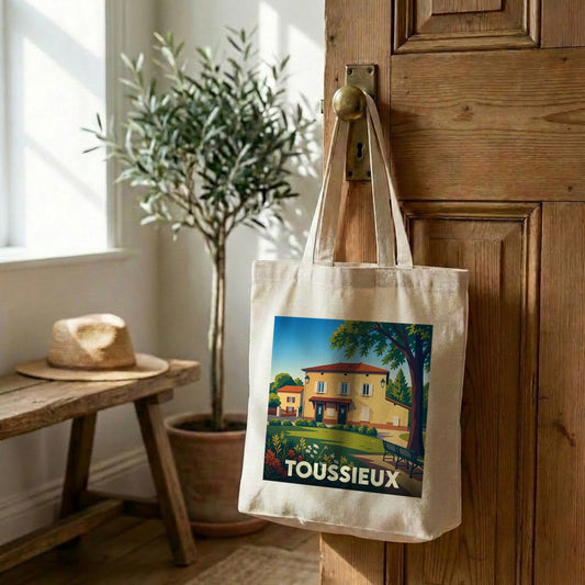 Sac cabas en toile souvenir de la ville de Toussieux, illustré d'un paysage urbain stylisé.