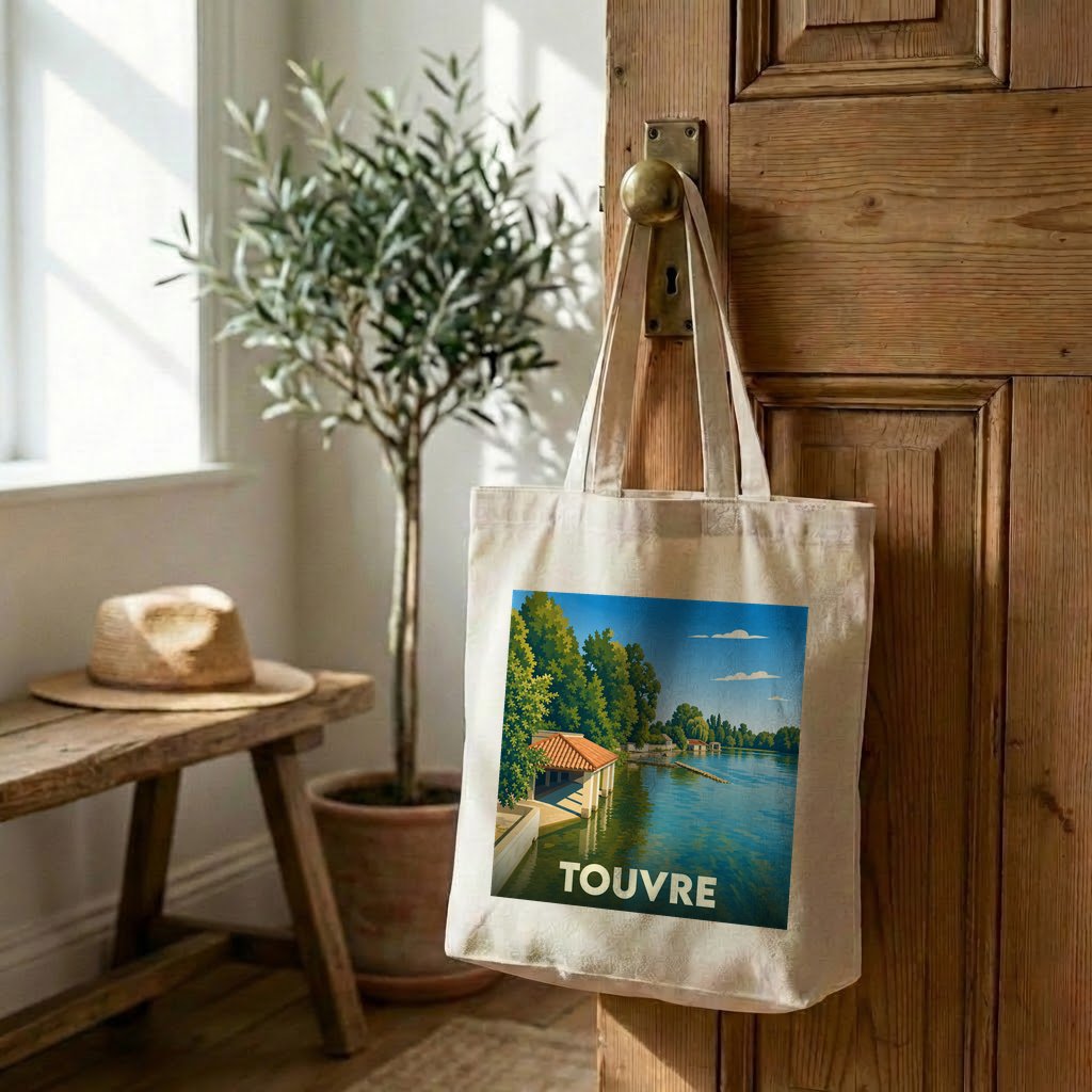 Tote bag souvenir de la ville de Touvre avec une illustration stylisée.
