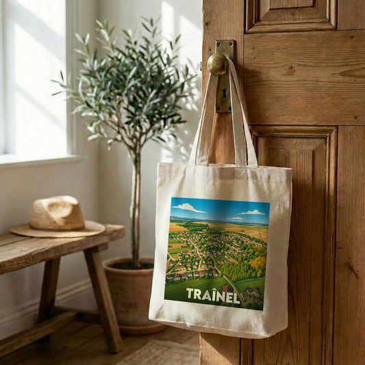Tote bag souvenir de la ville de Traînel avec une illustration paysagère stylisée.