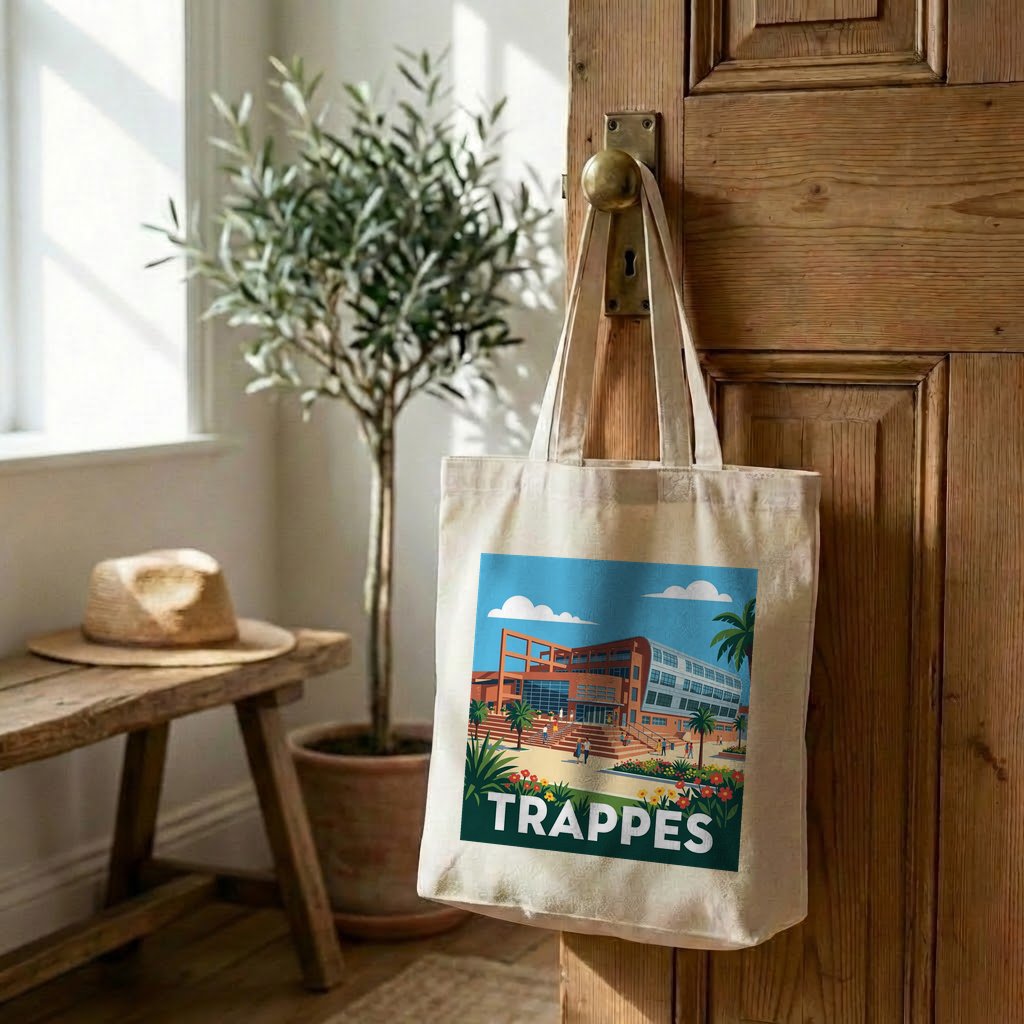 Tote bag souvenir de la ville de Trappes avec une illustration stylisée.