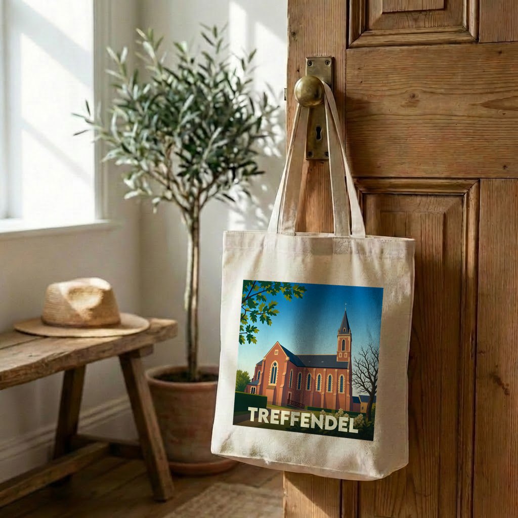 Tote bag souvenir de la ville de Treffendel avec une illustration stylisée de son église.