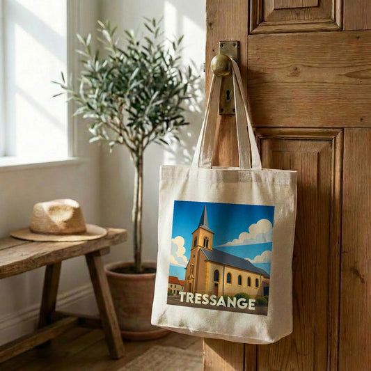 Tote bag souvenir de la ville de Tressange avec une illustration stylisée de son église.