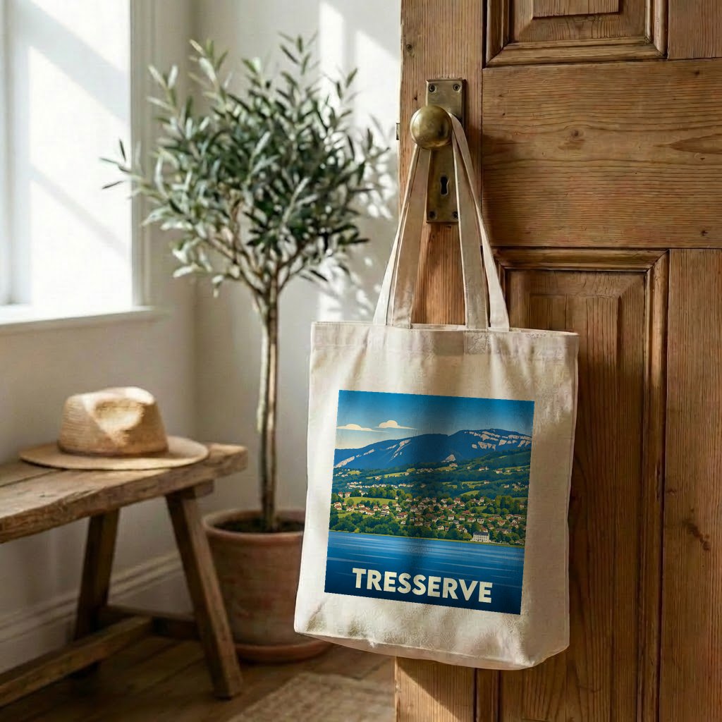 Tote bag souvenir de la ville de Tresserve avec une illustration stylisée.