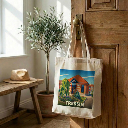 Tote bag souvenir de la ville de Tressin avec une illustration stylisée.