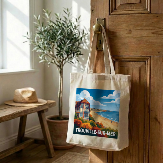 Tote bag souvenir de la ville de Trouville-sur-Mer avec une illustration stylisée.