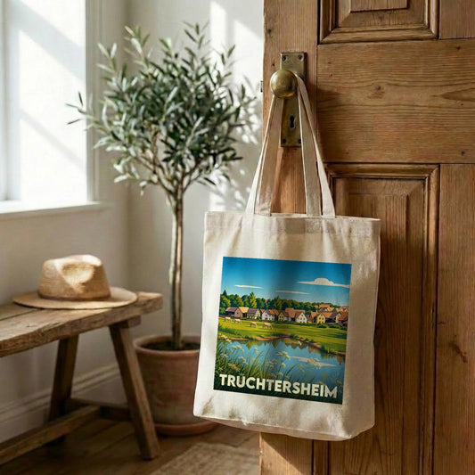 Tote bag souvenir de la ville de Truchtersheim avec une illustration paysagère stylisée.