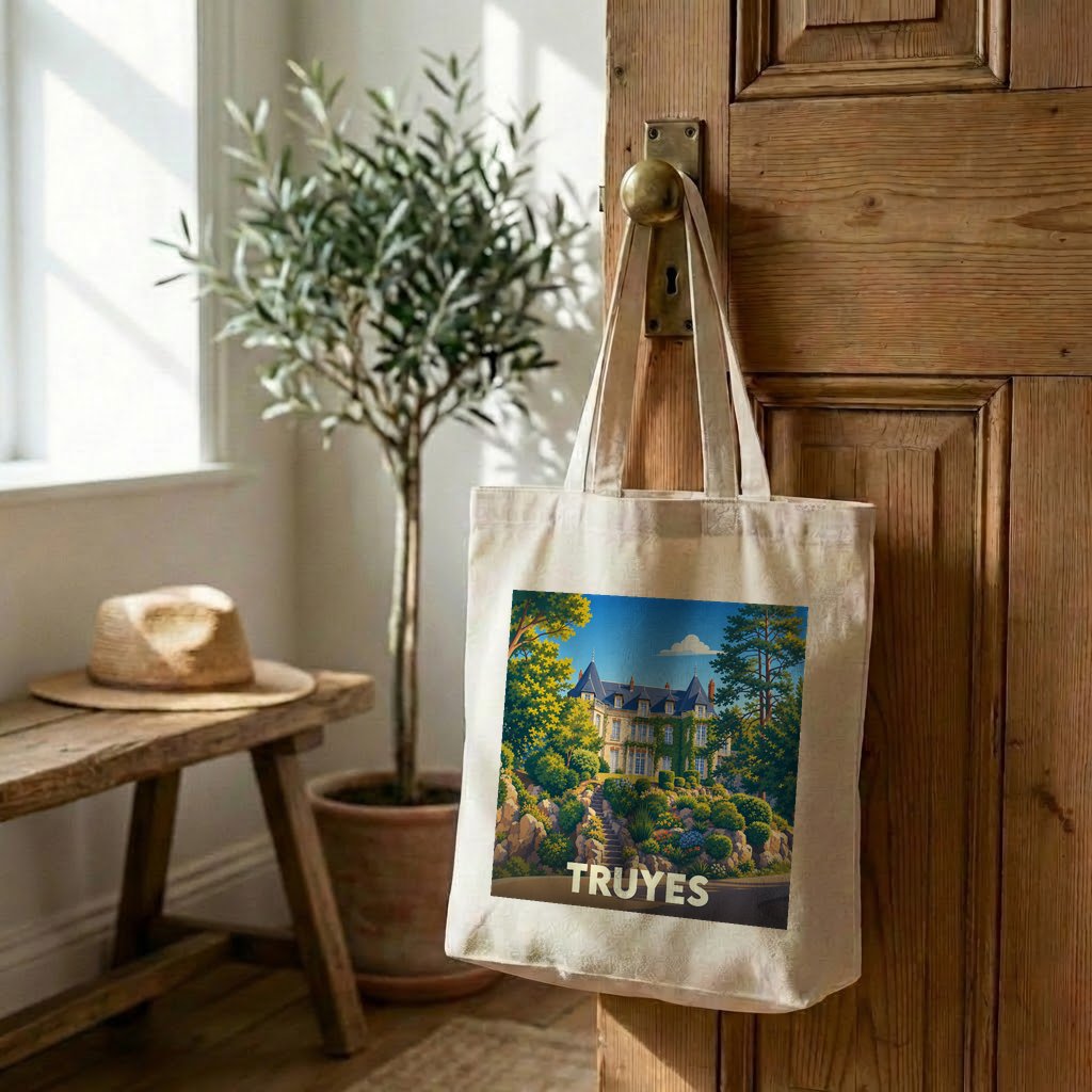 Tote bag souvenir de la ville de Truyes avec une illustration stylisée d'un manoir.
