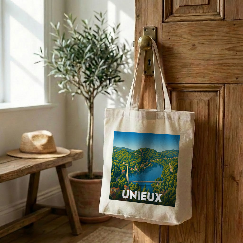 Tote bag souvenir de la ville d'Unieux avec une illustration stylisée de son paysage.