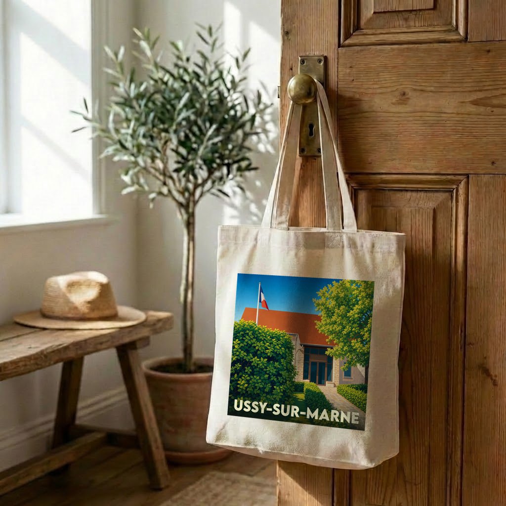 Tote bag souvenir de la ville d'Ussy-sur-Marne avec une illustration stylisée d'un bâtiment arboré.