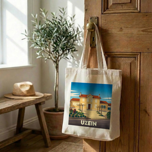 Tote bag souvenir de la ville de Uzein avec une illustration stylisée.