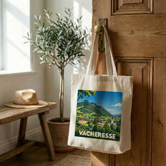 Tote bag souvenir de la ville de Vacheresse avec une illustration de paysage montagneux.