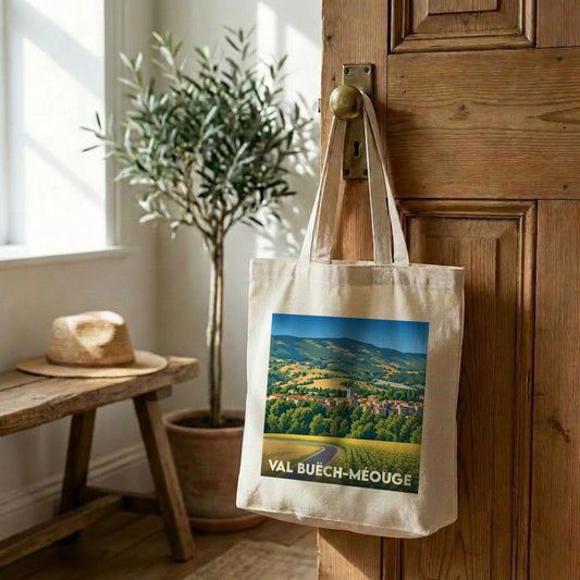 Tote bag souvenir de la ville de Val Buëch-Méouge avec une illustration stylisée de paysages provençaux.