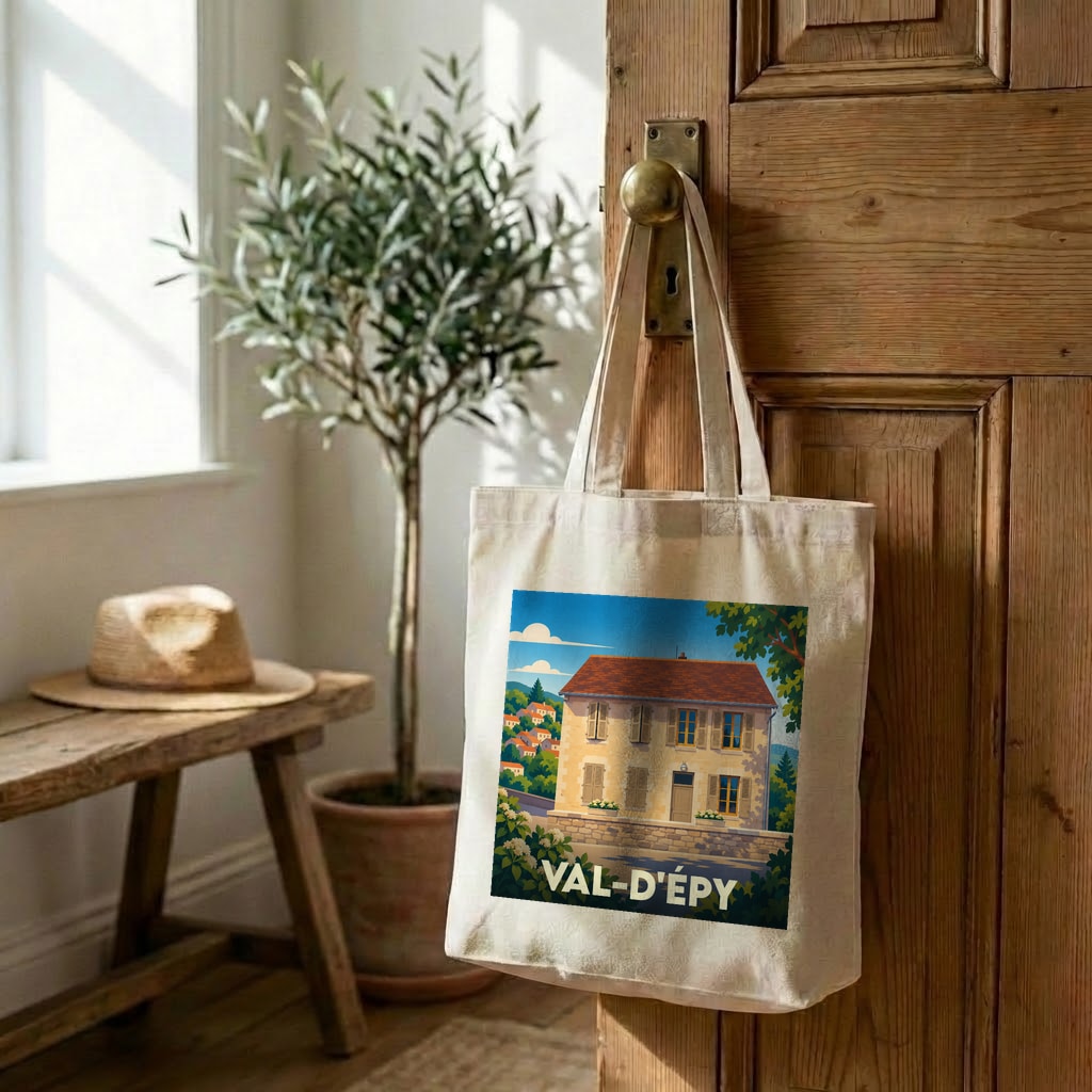 Tote bag souvenir de la commune de Val-d'Épy avec une illustration stylisée d'une maison de campagne.