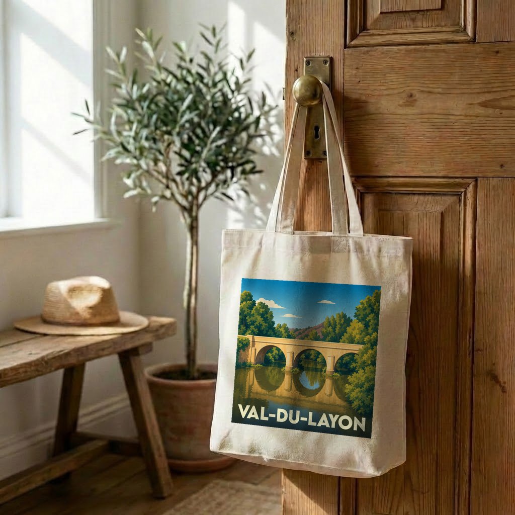 Tote bag souvenir de Val-du-Layon avec une illustration stylisée d'un pont en arc sur une rivière.