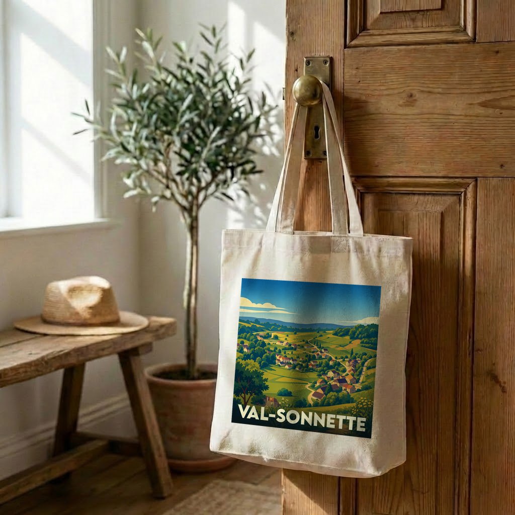Tote bag souvenir de la ville de Val-Sonnette avec une illustration de paysage vallonné.
