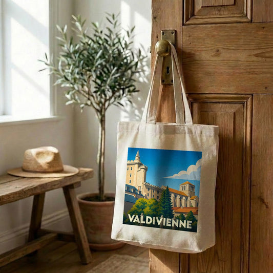 Tote bag souvenir de la ville de Valdivienne avec une illustration stylisée.