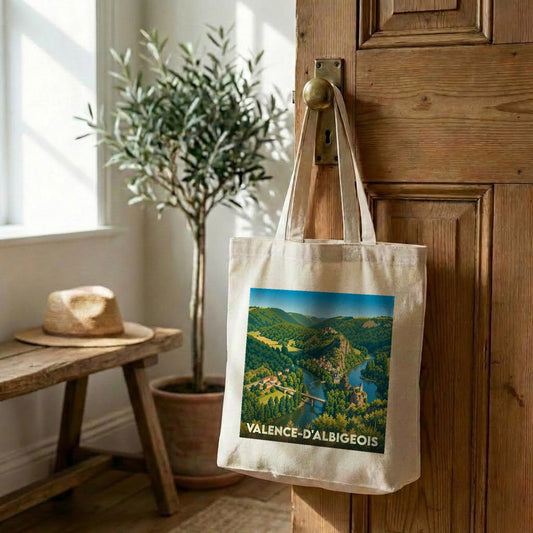 Tote bag souvenir de la ville de Valence-d'Albigeois avec une illustration stylisée.