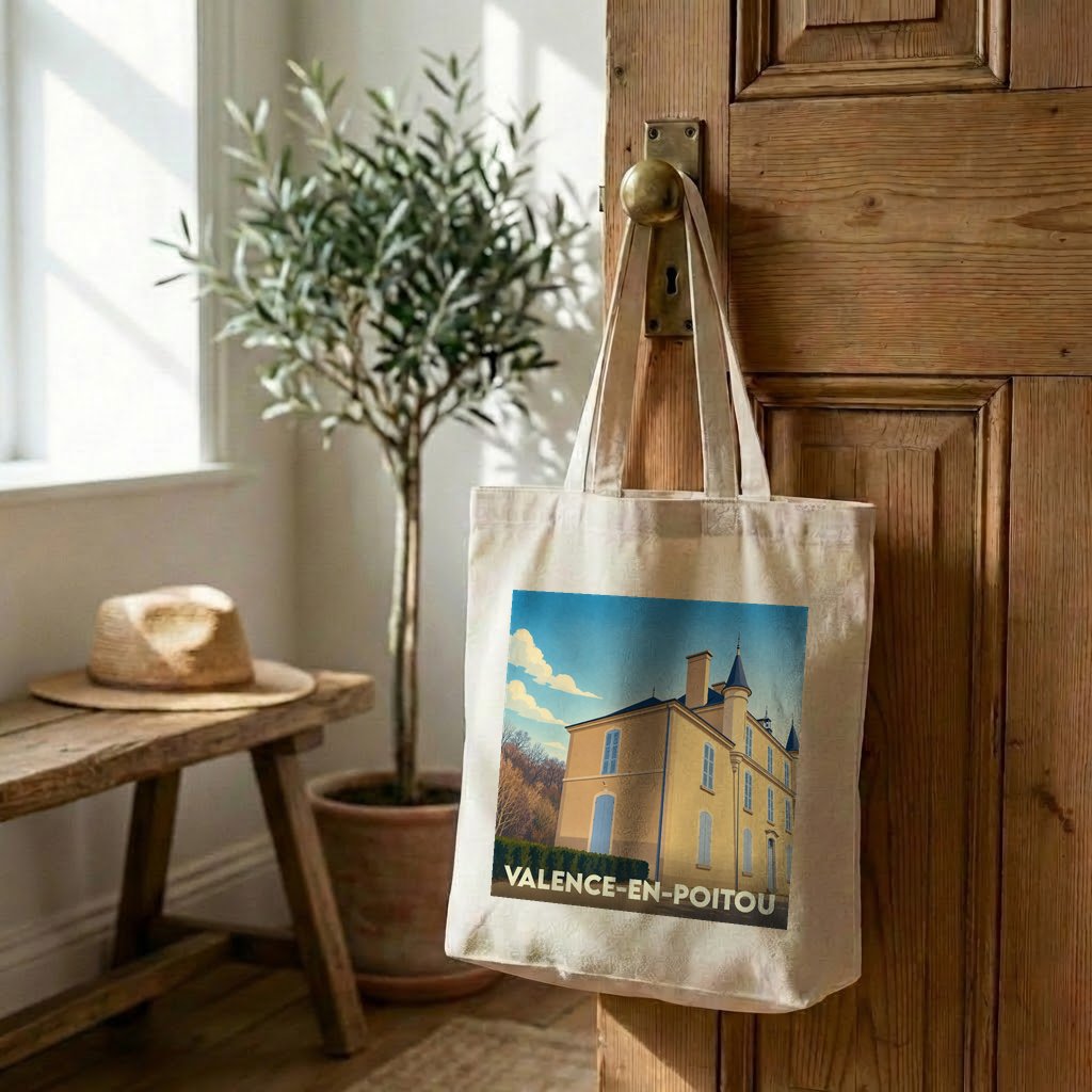 Tote bag souvenir de la ville de Valence-en-Poitou avec une illustration stylisée d'un château.