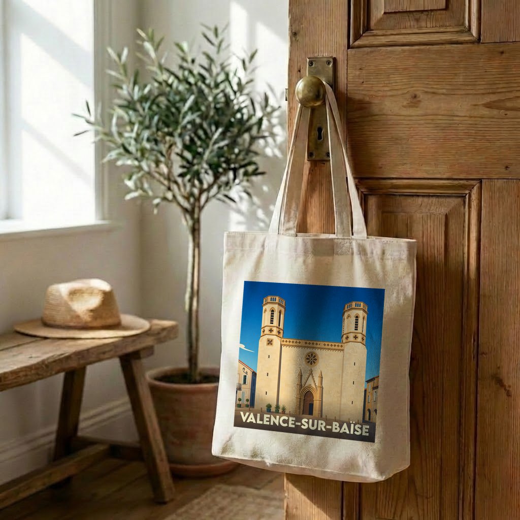 Tote bag souvenir de la ville de Valence-sur-Baïse avec une illustration stylisée.