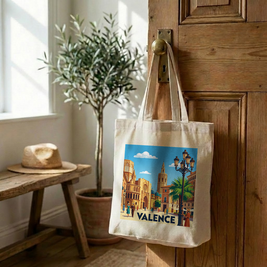 Tote bag souvenir de la ville de Valence avec une illustration stylisée et colorée.
