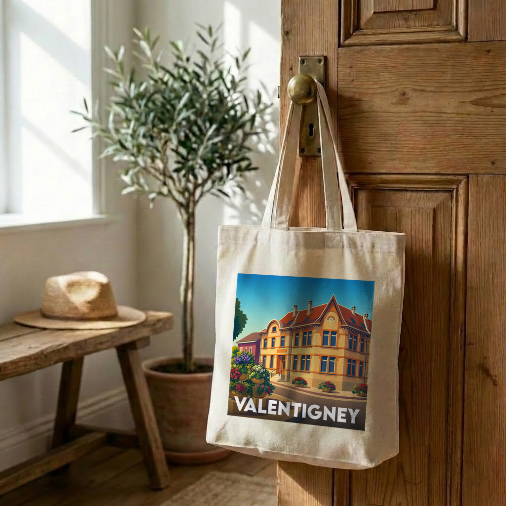 Tote bag souvenir de la ville de Valentigney avec une illustration stylisée.