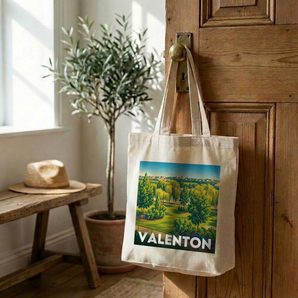 Tote bag souvenir de la ville de Valenton avec une illustration stylisée.