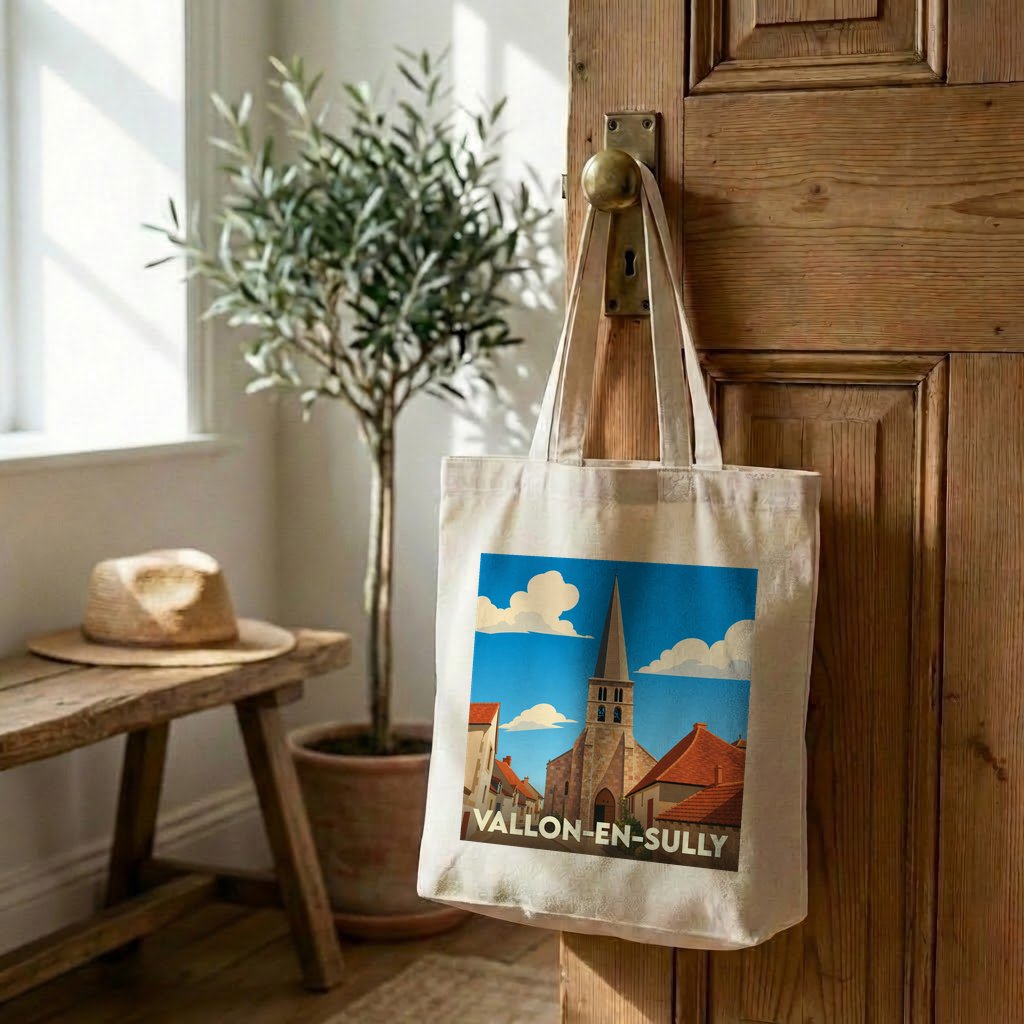 Tote bag souvenir de la ville de Vallon-en-Sully avec une illustration stylisée.