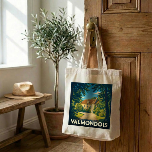 Tote bag souvenir de la ville de Valmondois avec une illustration stylisée.