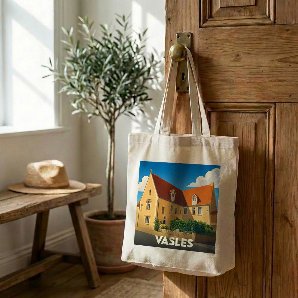 Tote bag souvenir de la ville de Vasles avec une illustration stylisée.