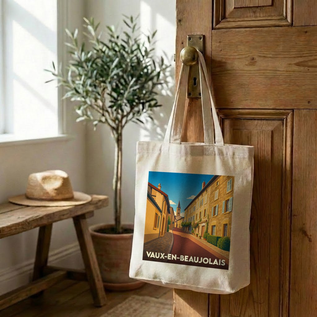 Tote bag souvenir de la ville de Vaux-en-Beaujolais avec une illustration colorée et stylisée.