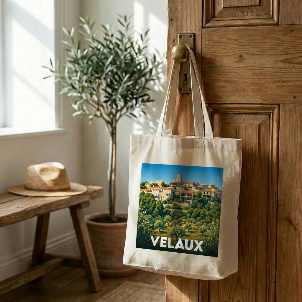 Tote bag souvenir de la ville de Velaux avec une illustration stylisée.