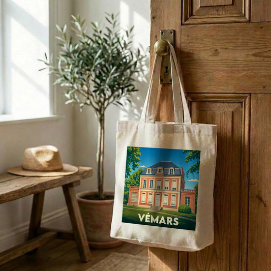 Tote bag souvenir de la ville de Vémars avec une illustration stylisée.