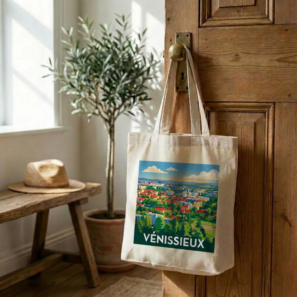 Tote bag souvenir de la ville de Vénissieux avec une illustration stylisée.