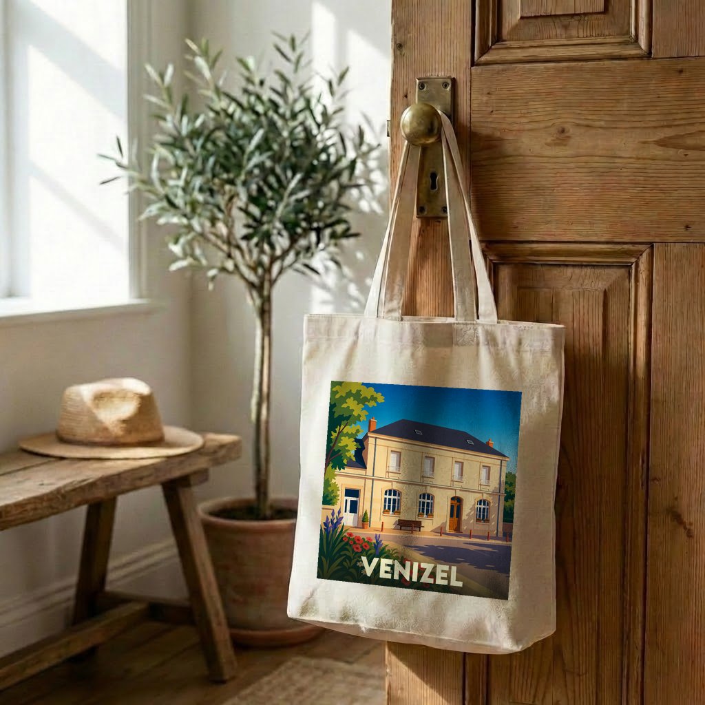 Tote bag souvenir de la ville de Venizel avec une illustration stylisée d'un bâtiment historique.